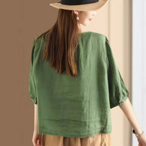 Áo sơ mi linen ngắn tay cổ tròn vạt bo - A820