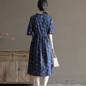 Đầm liền linen ngắn tay cổ đứng in những bó hoa liti - NU10017