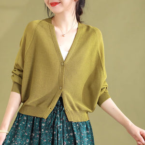 Áo khoác cardigan linen dệt kim dài tay cổ V - NU9161