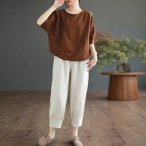 Áo T-shirt linen ngắn tay cổ tròn đính khuy túi kiểu - NU9896