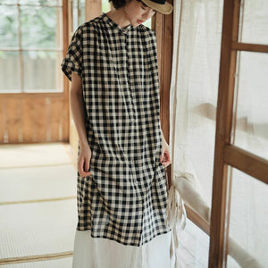 Đầm liền ngắn tay cổ đứng kẻ caro khuy cài - D081