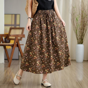 Chân váy linen lưng thun dây rút in hoa vintage - NU10179
