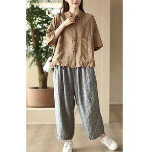 Áo sơ mi linen ngắn tay cổ đức hai túi vuông lớn - NU9019