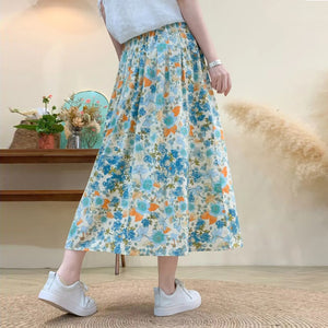 Chân váy linen lưng thun hai túi in hoa lá retro - V080