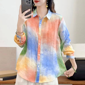 Áo sơ mi linen dài tay cổ đức sắc cầu vồng - A978