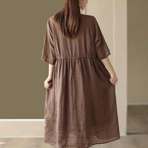 Đầm liền linen ngắn tay cổ tròn thêu cây đa eo thắt dây - NU8970