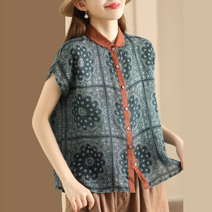 Áo sơ mi linen sát nách cổ pipi trang trí hình vuông trừu tượng - NU10458