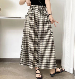 Quần baggy linen lưng thun ống rộng kẻ caro hai túi chéo - NU10159