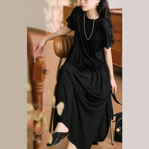 Đầm liền ngắn tay cổ tròn xếp ly lệch - NU10386