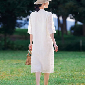 Đầm liền linen retro ngắn tay cổ đứng thêu hoa văn vạt lệch - NU9049