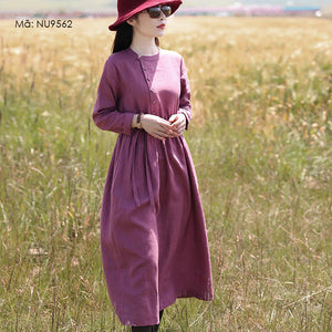 Đầm liền linen dài tay cổ tròn khuy cài lệch - NU9562