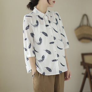 Áo sơ mi linen tay lửng cổ đức thêu retro in lông vũ - NU8568