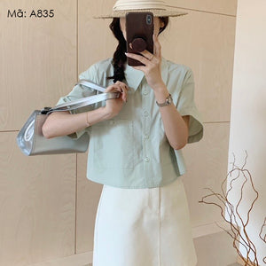 Áo sơ mi linen ngắn tay cổ sen hai túi vuông - A831