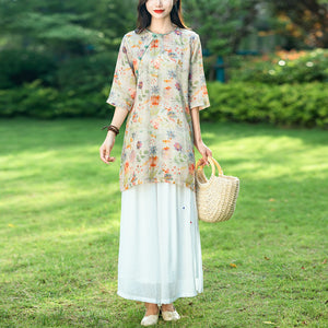 Đầm liền linen ngắn tay cổ tròn kiểu sườn xám in hoa lá - NU9988