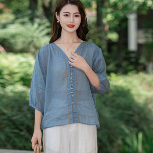 Áo sơ mi linen tay lửng cổ V thêu viền - NU10015