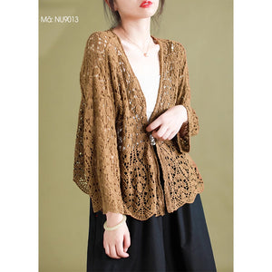 Áo khoác cardigan dệt kim dài tay thêu ren những chiếc lá - NU9009