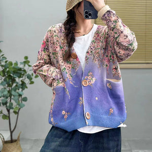 Áo khoác len cashmere dài tay cổ V in giàn hoa - A460