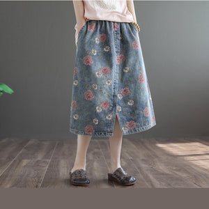 Chân váy denim retro lưng thun in hoa hồng - NU10042