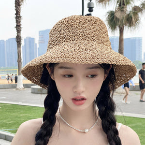 Mũ cói móc tay retro vành rộng kiểu đan dây - M020