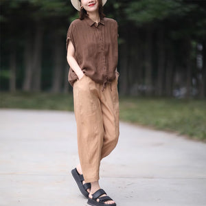 Áo sơ mi linen sát nách cổ đức đơn sắc vạt dây rút - NU8980