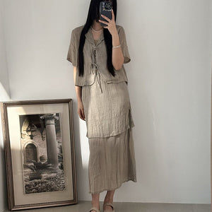 Áo sơ mi linen ngắn tay cổ vest cột dây - NU9842