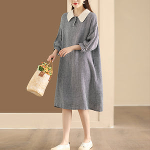 Đầm liền linen ngắn tay cổ cánh sen kẻ caro - NU10189
