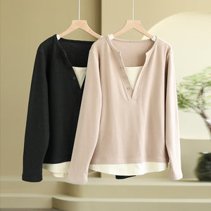 Áo T-shirt dài tay cổ V đính khuy kiểu hai lớp - NU9578