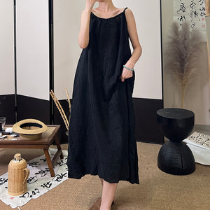 Đầm liền linen hai dây retro form rộng - NU10489