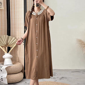 Đầm liền linen ngắn tay cổ tròn đính ren khuy cài - NU9944