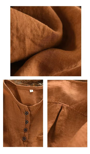 Áo sơ mi linen tay lửng cổ tròn một túi khuy kép - A802