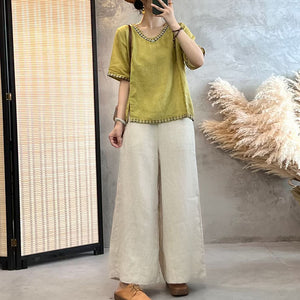 Áo T-shirt linen ngắn tay cổ V thêu bo viền - NU10071