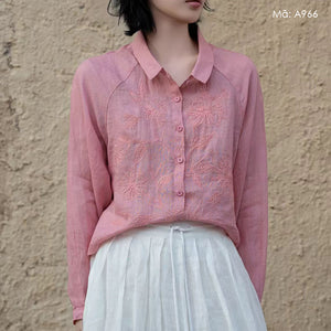 Áo sơ mi croptop dài tay linen cổ đức thêu hoa lá - A965