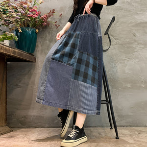 Chân váy denim retro lưng thun dây rút kẻ sọc caro - NU9762