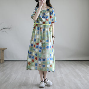 Đầm liền linen ngắn tay cổ tròn eo kiểu thắt dây - D047