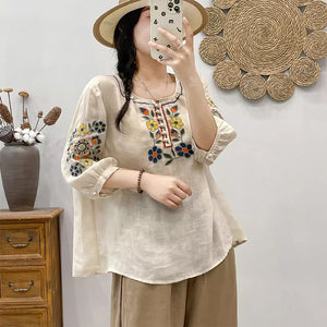 Áo sơ mi linen ngắn tay cổ tròn thêu hoa lá đối xứng - NU8934
