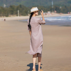 Đầm liền linen ngắn tay cổ tròn cánh sen thêu retro - NU9901
