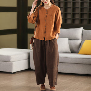 Áo sơ mi linen tay lửng cổ tròn một túi khuy kép - A802