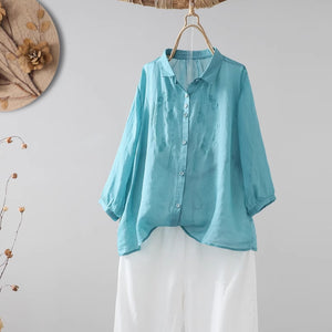 Áo sơ mi linen tay lửng cổ đức thêu hoa văn đối xứng - NU8866