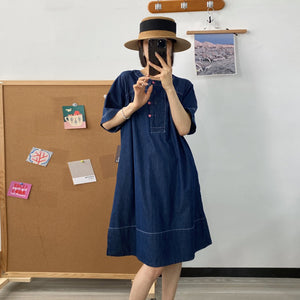 Đầm liền denim ngắn tay xòe cổ tròn khuy cài - NU10374