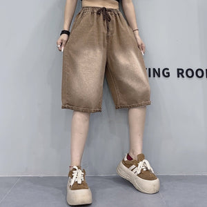 Quần sooc denim lưng thun dây rút kiểu bạc màu - Q189