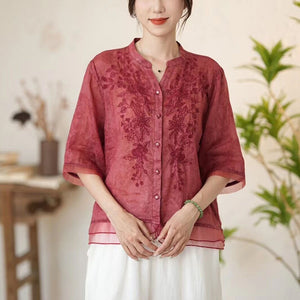 Áo sơ mi linen ngắn tay cổ đứng thêu hoa lá và in đồng màu - NU10454