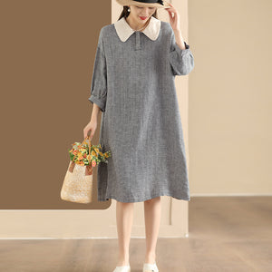 Đầm liền linen ngắn tay cổ cánh sen kẻ caro - NU10189