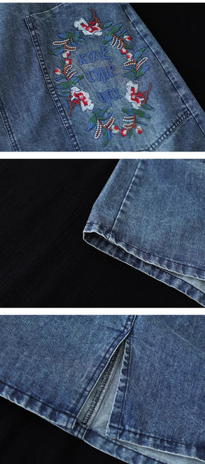 Chân váy denim lưng thun thêu vòng nguyệt quế - NU10084