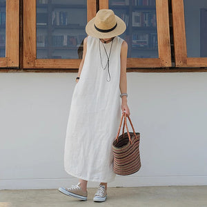 Đầm liền linen sát nách cổ tròn đơn sắc khóa kéo - NU10509