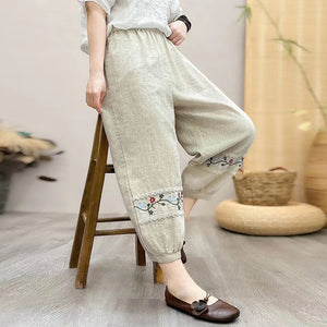 Quần baggy linen lưng thun ống túm thêu hoa lá - NU9830