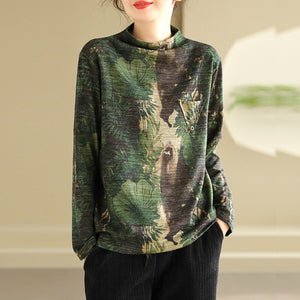 Áo T-shirt dài tay dệt kim cổ lọ in hoa lá retro - NU9416
