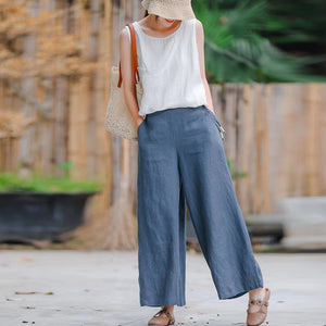 Quần baggy linen lưng thun kiểu dây rút ống rộng - NU8234