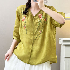 Áo sơ mi linen ngắn tay cổ V thêu hoa đối xứng trước ngực - NU10278