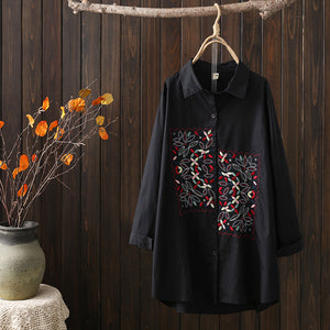 Áo sơ mi linen dài tay cổ đức thêu trang trí ô vuông - NU10347