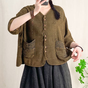 Áo sơ mi linen ngắn tay cổ V hai túi kẻ caro - A947